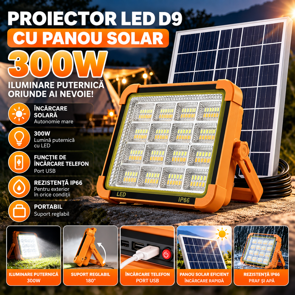 Proiector LED D9 cu panou solar, 300 W, cu funtie de incarcare telefon