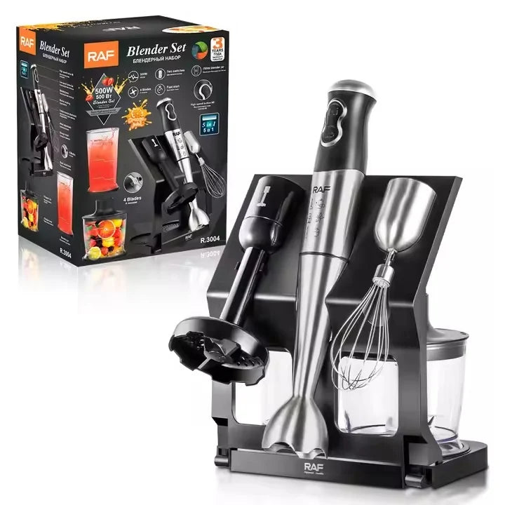 Blender RAF R3004, 5 in 1, 500W, recipient de 500ml, 700ml, tel si suport, 2 viteze, 4 lame din otel, 40 cm, negru-argintiu