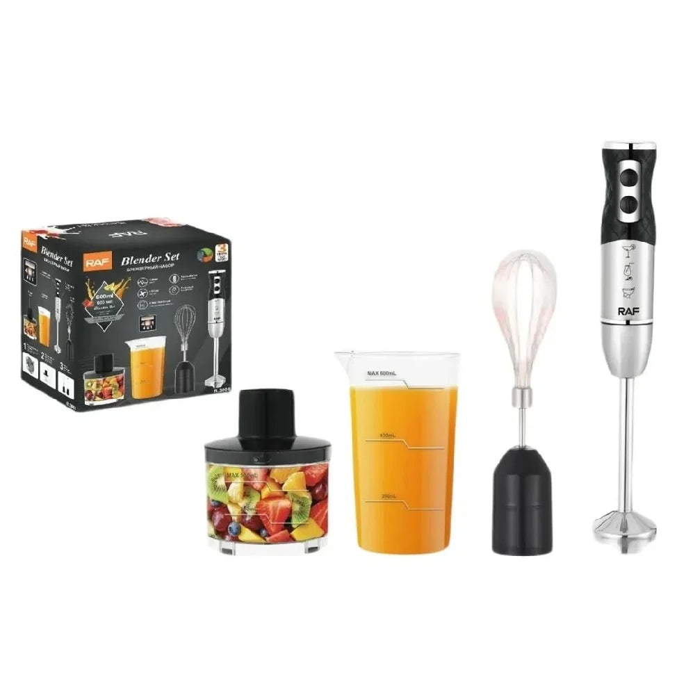 Blender vertical RAF R3008, 1600W, 4 lame din otel, cu recipient de 500ml, de 600ml si tel, negru-argintiu