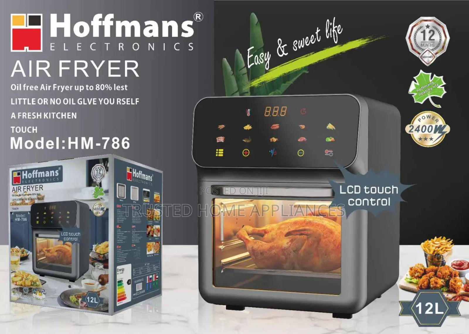 Friteuza cu aer cald Hoffmans HM-786 12L, putere 2400W, control tactil, multiple programe