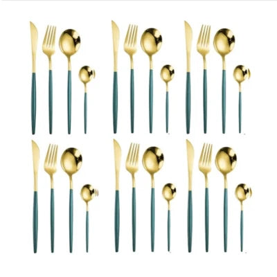 Set 24 tacamuri premium verde cu auriu, inox, finisaj elegant, 6 persoane