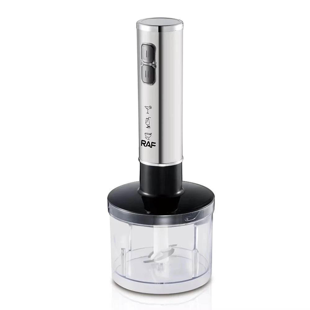 Blender RAF R3007, 4 in 1, 1600W, cu recipient de 500ml, vas de 600ml, tel si lame din otel, 2 viteze, argintiu-negru