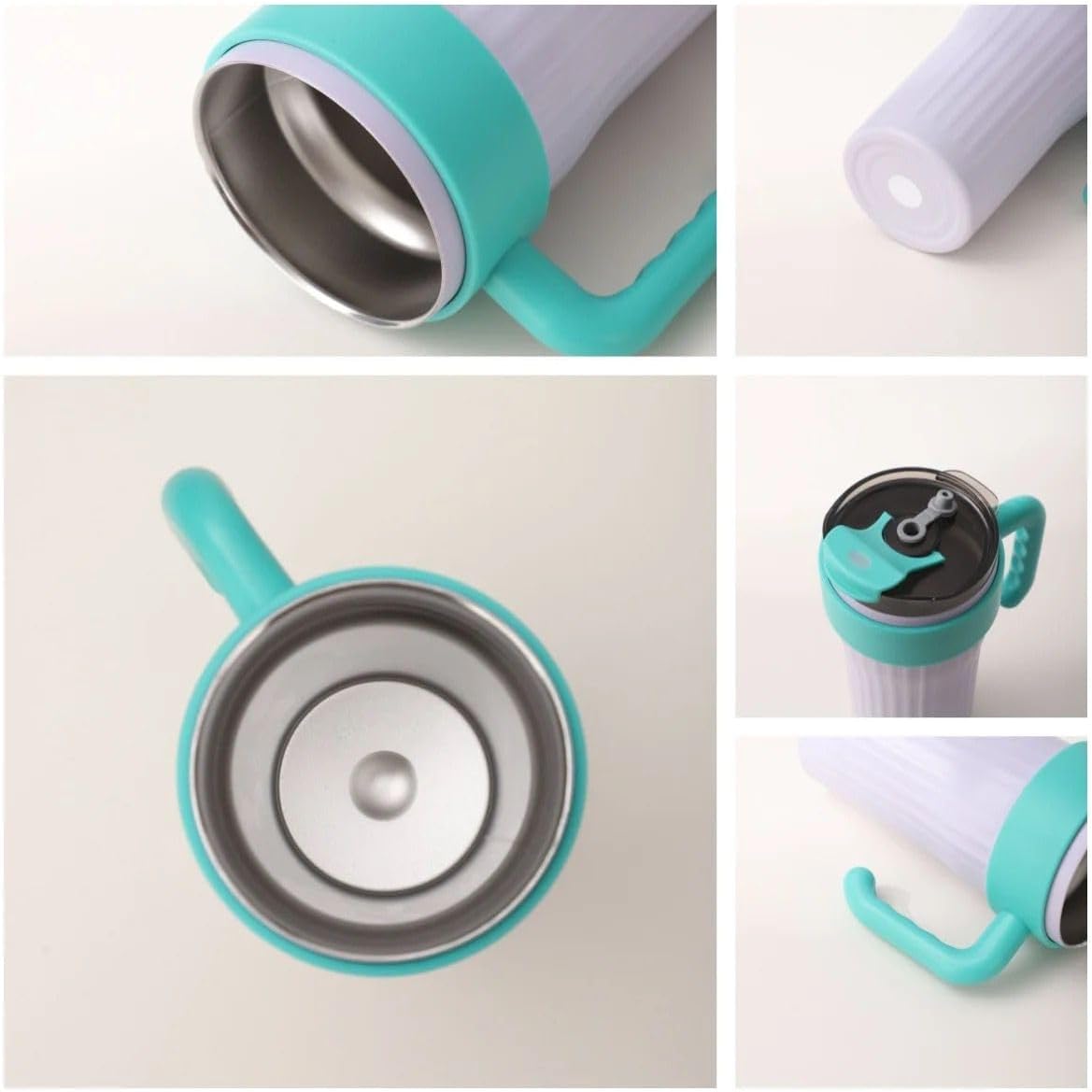 Set 4 x Pahar termic de 860 ml cu maner, capac si pai, izolat, din otel inoxidabil, reutilizabil, ideal pentru cafea si calatorii.