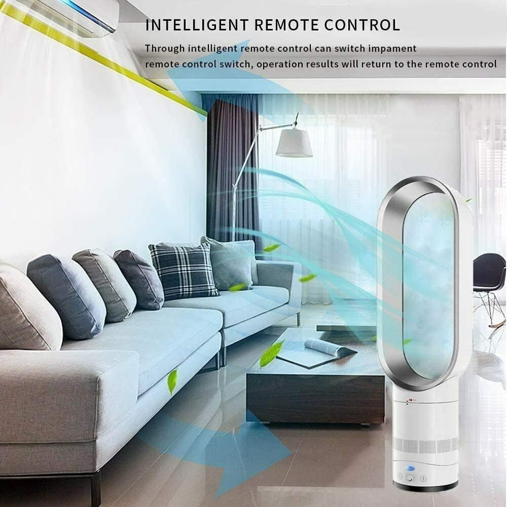 Ventilator fără pale, alb-argintiu, tip coloană, 16 inch, telecomandă inteligentă cu oscilație și temporizator