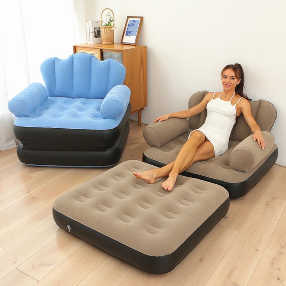 Fotoliu gonflabil 2-in-1, pliabil, multifunctional, potrivit pentru dormitor si living, usor de depozitat, maro/negru