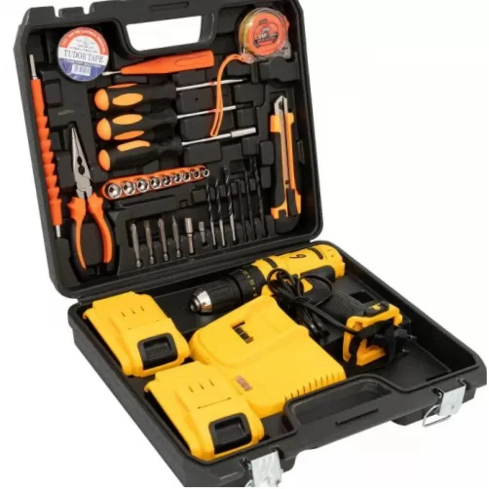 Pachet promotional unelte: Trusa Bormasina cu 2 Acumulatori 36V 5Ah, Autofiletanta cu Percutie cu 30 de accesorii + Mini drujba cu lant, fara fir, lama 6 inch, portabil , cu 2 acumulatori + 2 lanturi