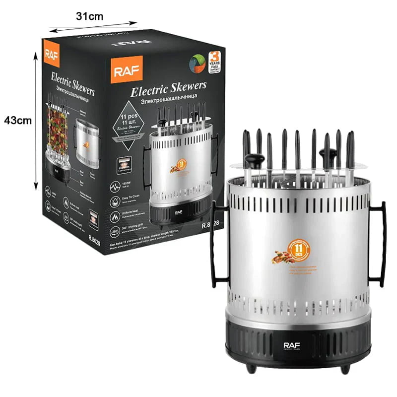 Grătar Electric Vertical RAF R.8628 – 1500W, 11 Frigărui Rotative, Gătit Rapid și Ușor