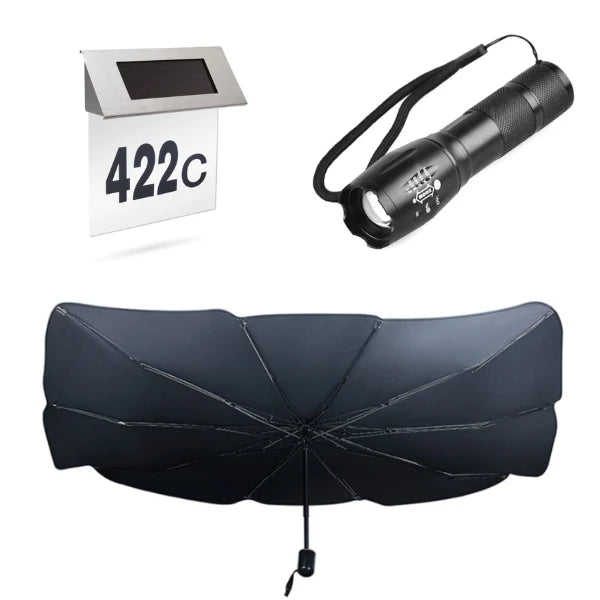 PACHET Numar de casa cu iluminare LED si alimentare solara + Parasolar pliabil tip umbrela pentru parbrizul masinii + Lanterna tactica cu Zoom, rezistenta la apa