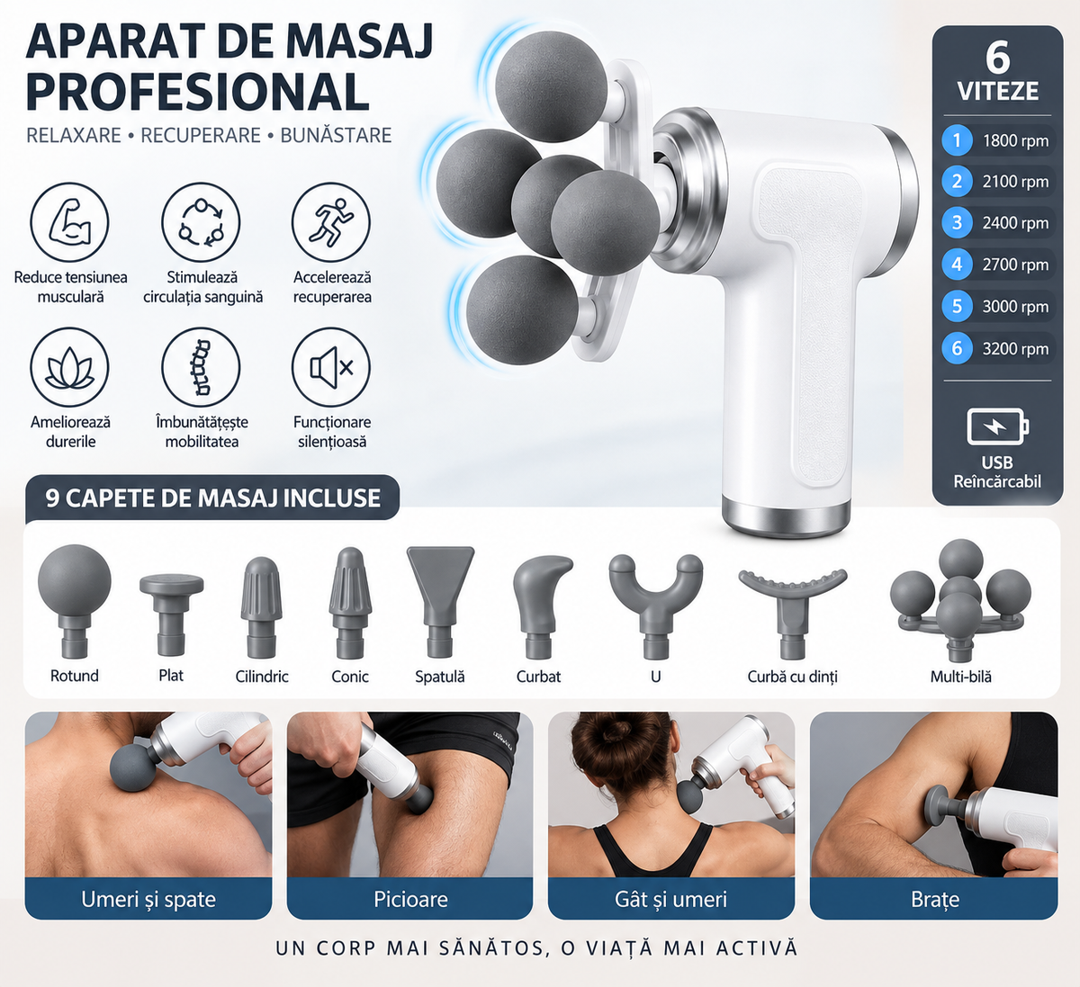 Aparat de Masaj Profesional Tip Pistol, 9 Capete, 6+ Viteze, USB Reîncărcabil