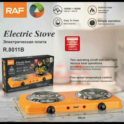 Aragaz Electric RAF R.8011B, 2000W, control temperatura și protecție la supraincalzire, 2 Plite 1000W + 1000W
