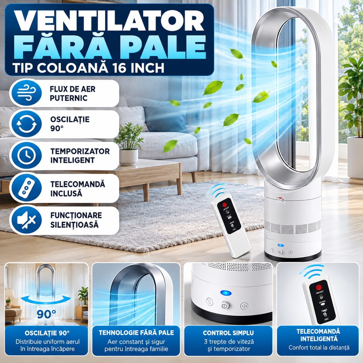 Ventilator fără pale, alb-argintiu, tip coloană, 16 inch, telecomandă inteligentă cu oscilație și temporizator