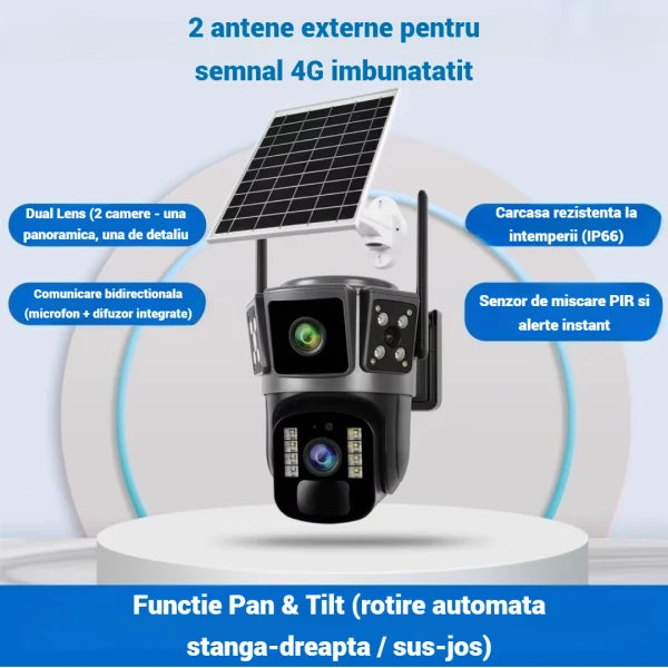 Camera Supraveghere 4G cu Panou Solar - Dubla Lentila 360°, Full HD, Viziune Nocturna Color + Card 32GB