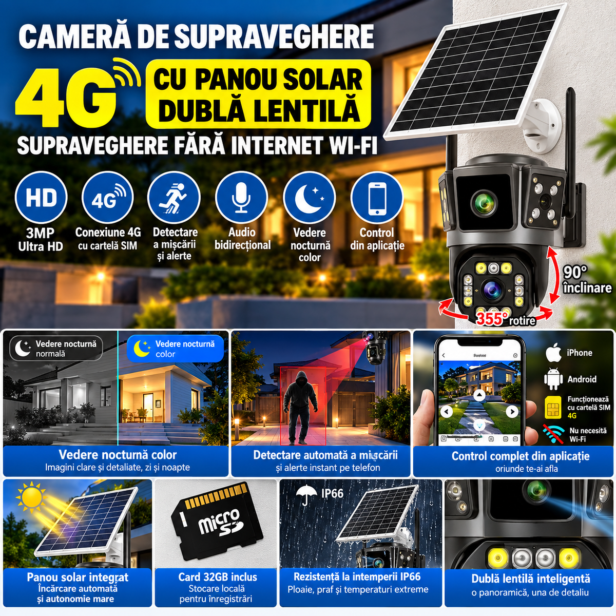 Camera Supraveghere 4G cu Panou Solar - Dubla Lentila 360°, Full HD, Viziune Nocturna Color + Card 32GB
