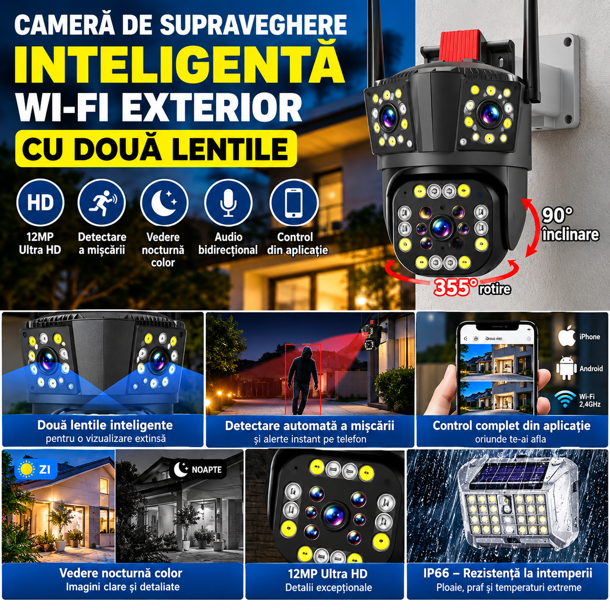 Camera de Supraveghere Inteligenta 4G pentru exterior cu doua lentile detectare a miscarii vedere pe timp de noapte 12MP