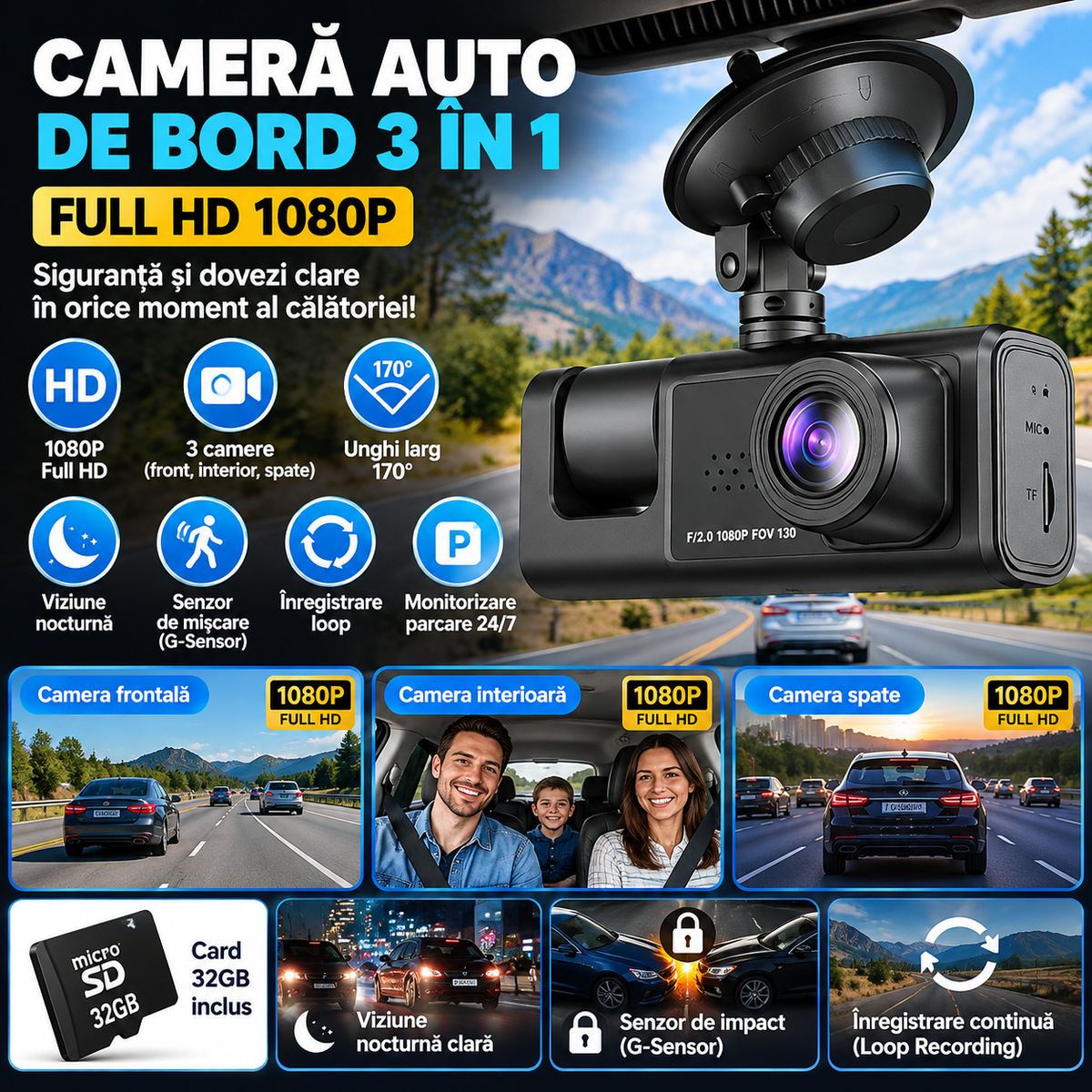Cameră Auto de Bord – Înregistrare 4K Ultra HD, Viziune Nocturnă și Monitorizare 24/7