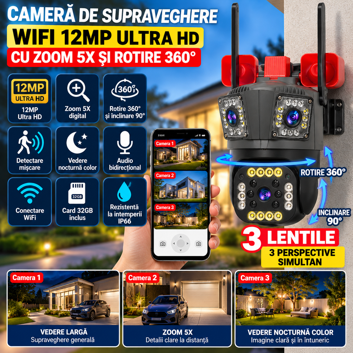 Camera de Supraveghere WiFi 12MP Ultra HD cu Zoom 5X, PTZ Rotire 360°, Vedere Nocturna si Card 32GB