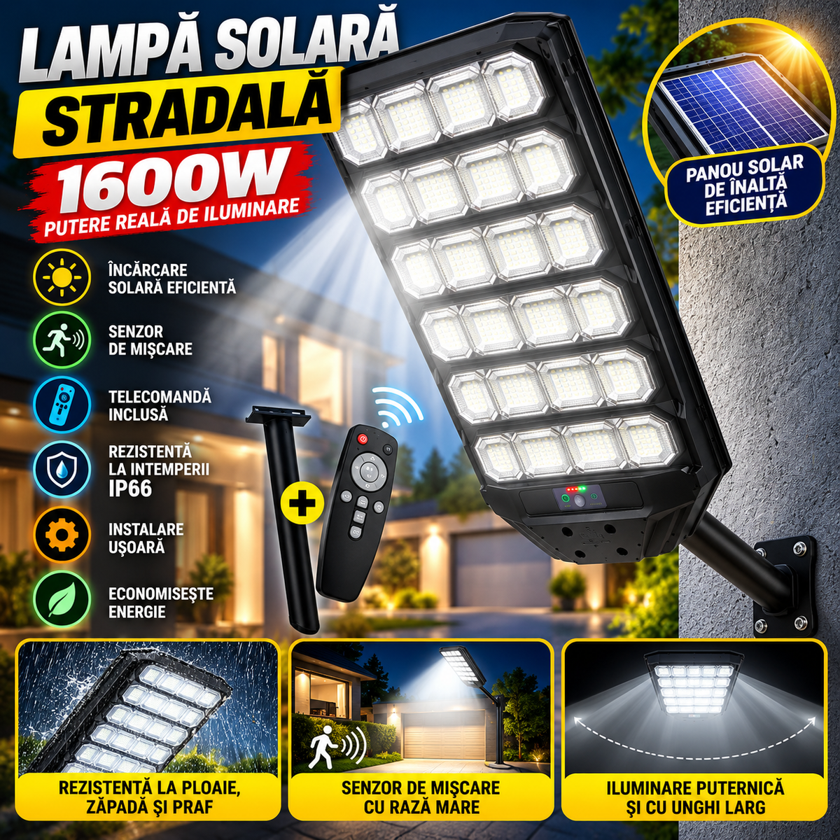 Lampa solara stradala LEIHMANN, putere 1600W cu senzor de miscare , telecomanda inclusa + Suport cadou