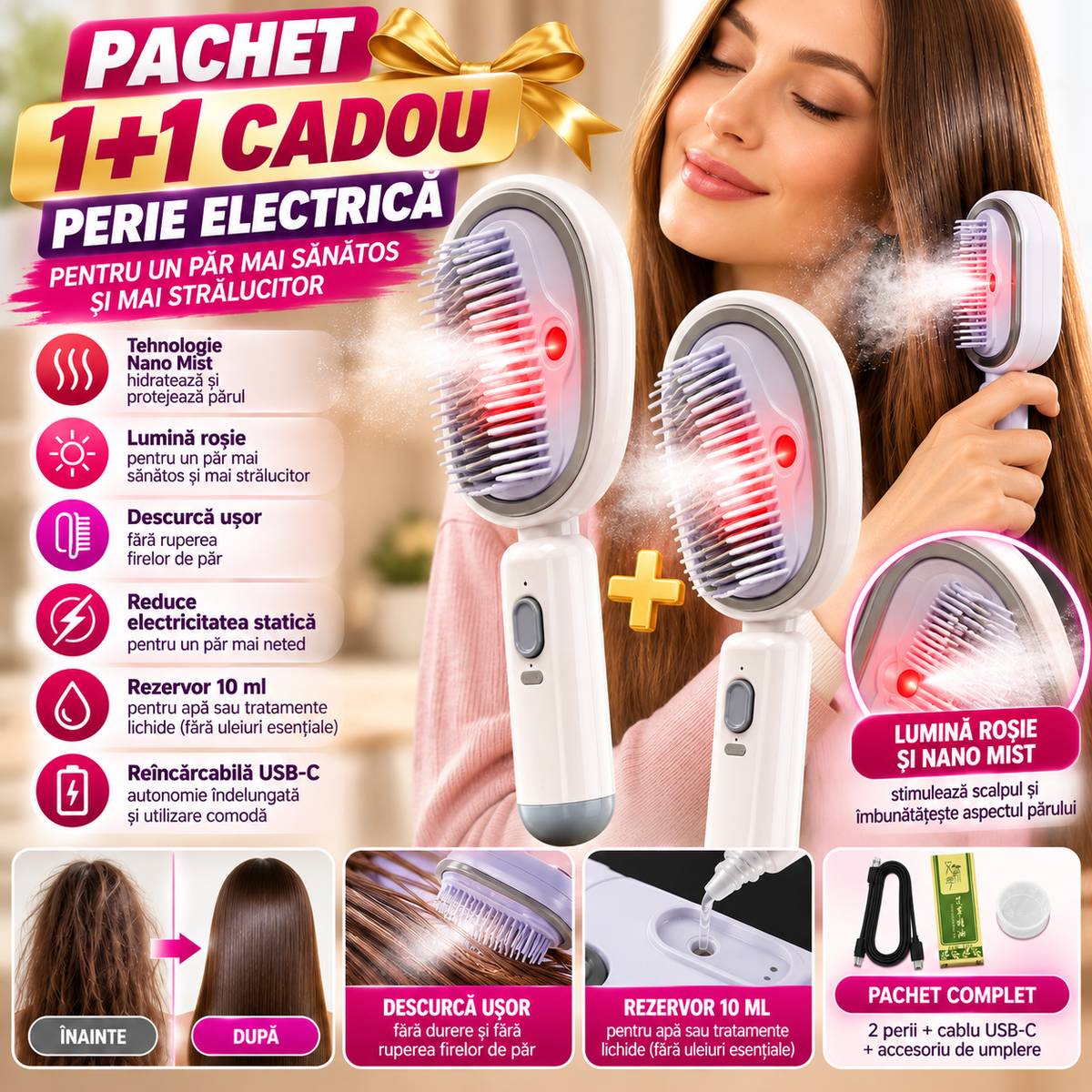 1+1 CADOU Perie electrica pentru par, nano-mist, lumina rosie, detangling anti-static, rezervor 10 ml, reincarcabila USB-C, alb