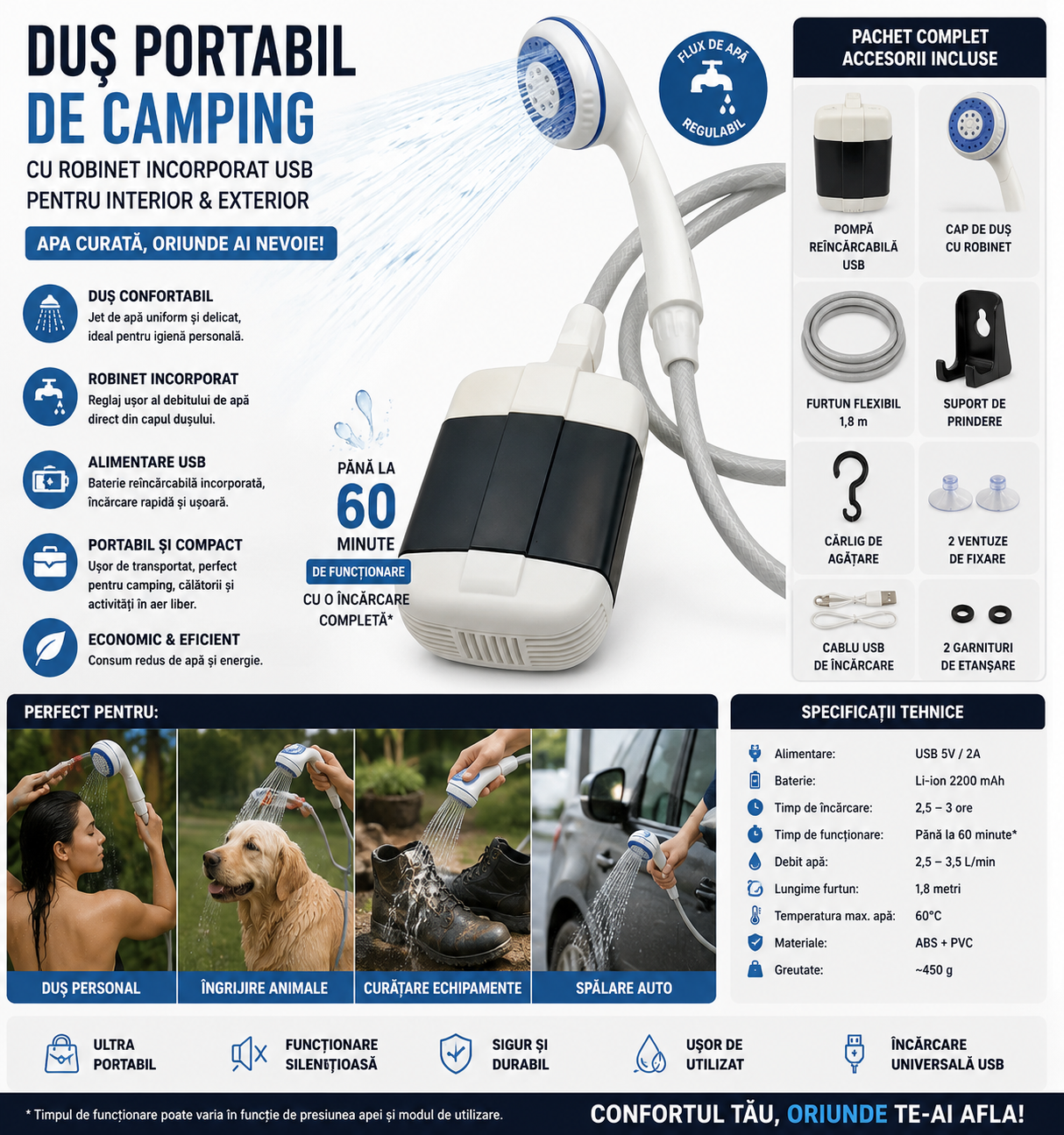 Dus portabil de camping cu robinet incorporat, acumulator USB, pentru exterior si interior