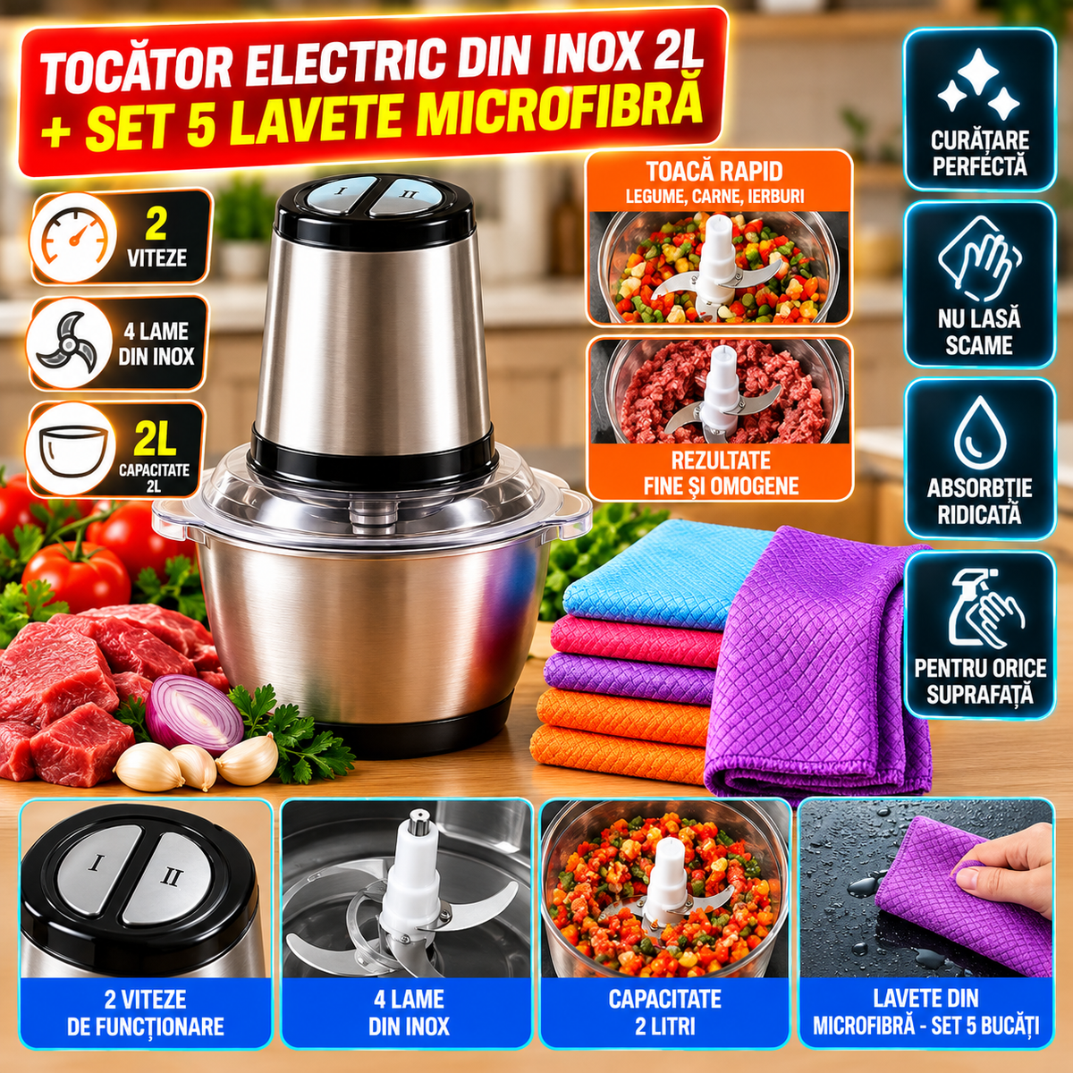 Tocător Electric din Inox 2L + Set 5 Lavete din Microfibră