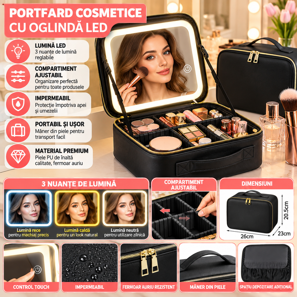 Portfard impermeabil, compartiment ajustabil, cu LED, negru