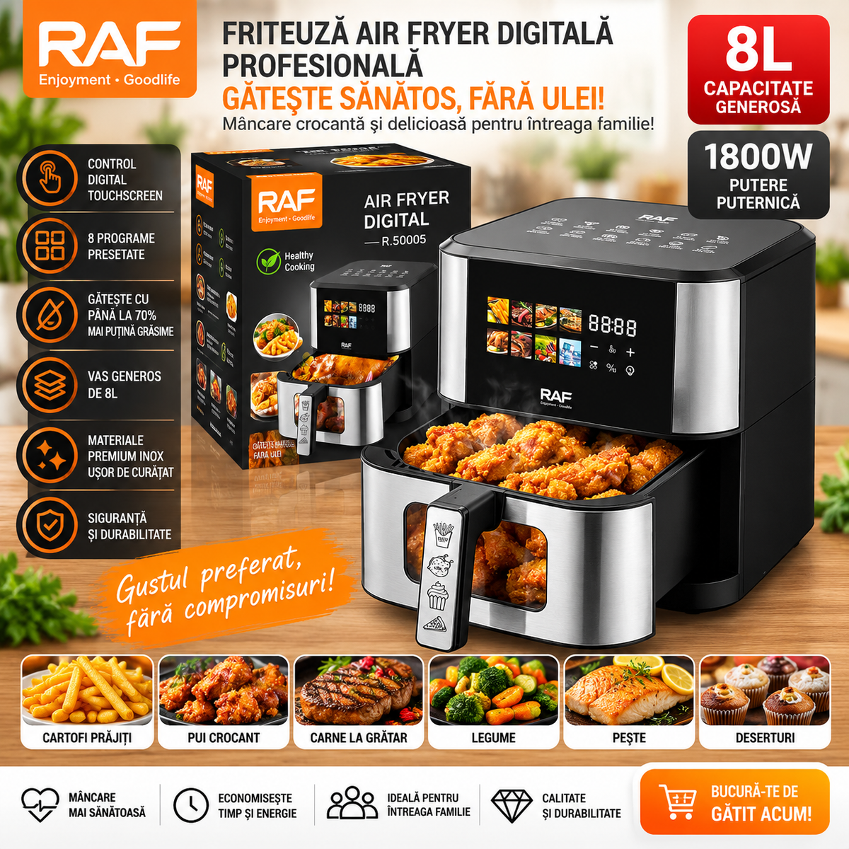 Friteuză Air Fryer Digitală Profesională RAF R.50005, 8L, 1800W, Inox