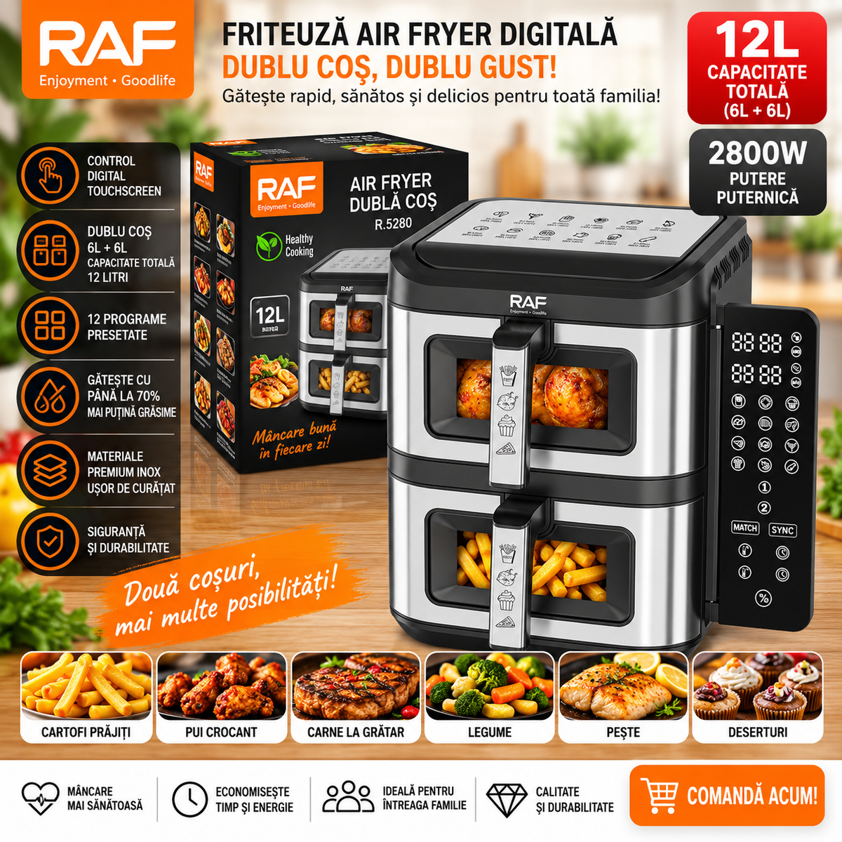 Friteuză cu Aer Cald, Digitală RAF R.5280, 12L (6L+6L), 2800W, Dublu Coș, Display Tactil