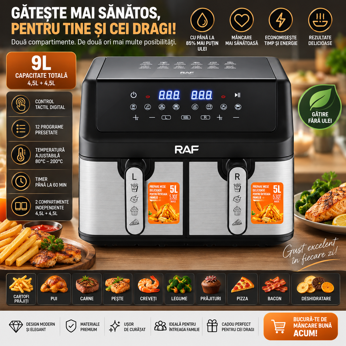 Friteuză cu Aer Digitală RAF R.5382, 10L (5L+5L), Dublu Coș, Control Tactil