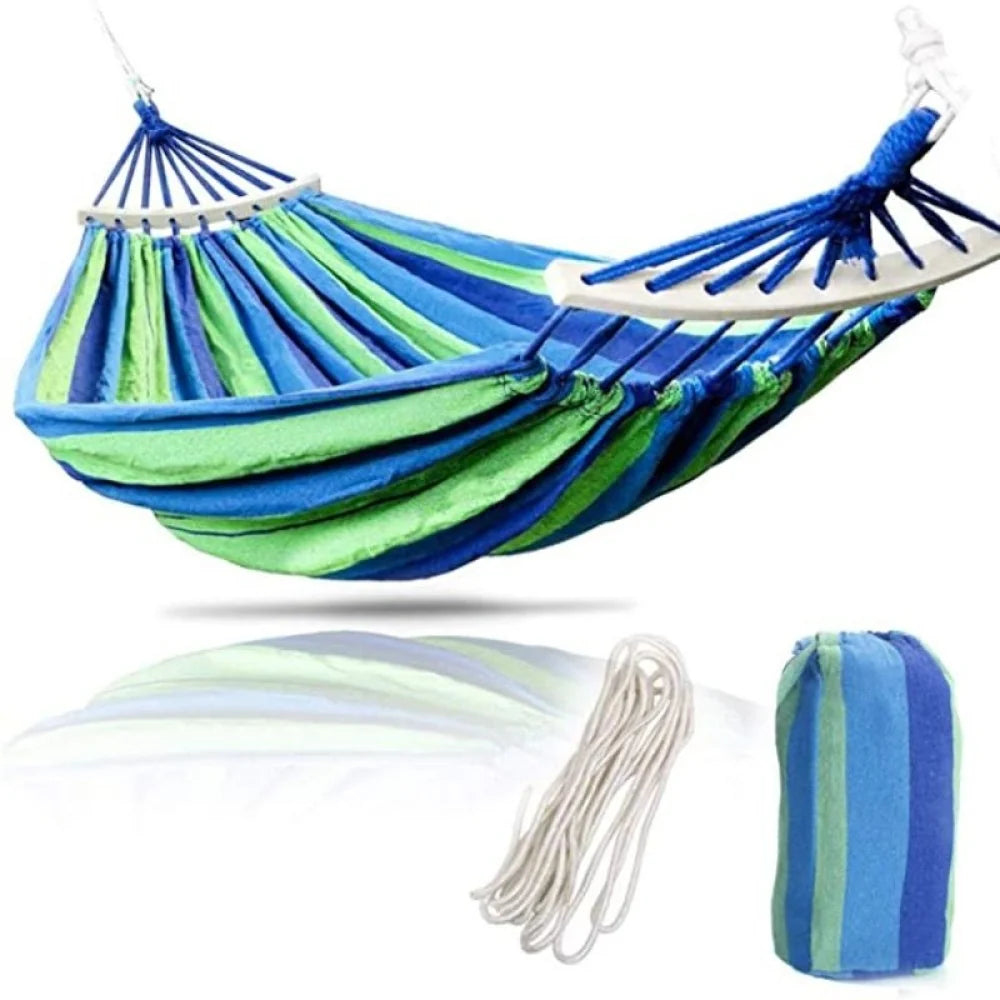 Hamac dublu bumbac cu bara de lemn + Scaun pliabil portabil, retractabil, telescopic, pentru exterior CADOU