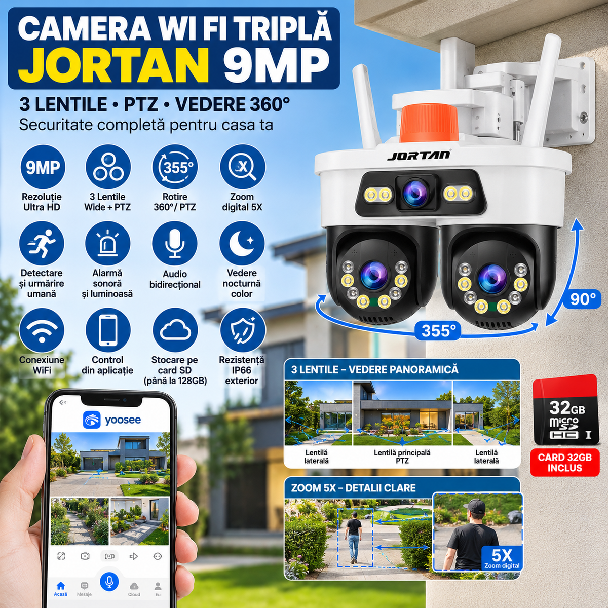 Camera de Supraveghere JORTAN, WiFi, Tripla, 9MP, PTZ 355°, 3 Lentile, IP66, Audio Bidierctional + Card 32GB