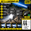 Set 2 x Lanterna LED cu trepied, 60W, raza de actiune 1KM, 4 moduri de iluminare, functie Powerbank