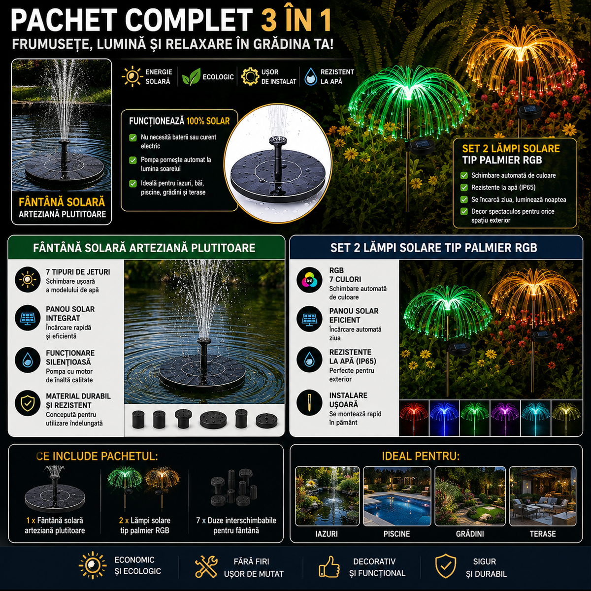 PACHET Fantana solara arteziana plutitoare + Set 2 x Lampa solara tip Palmier RGB