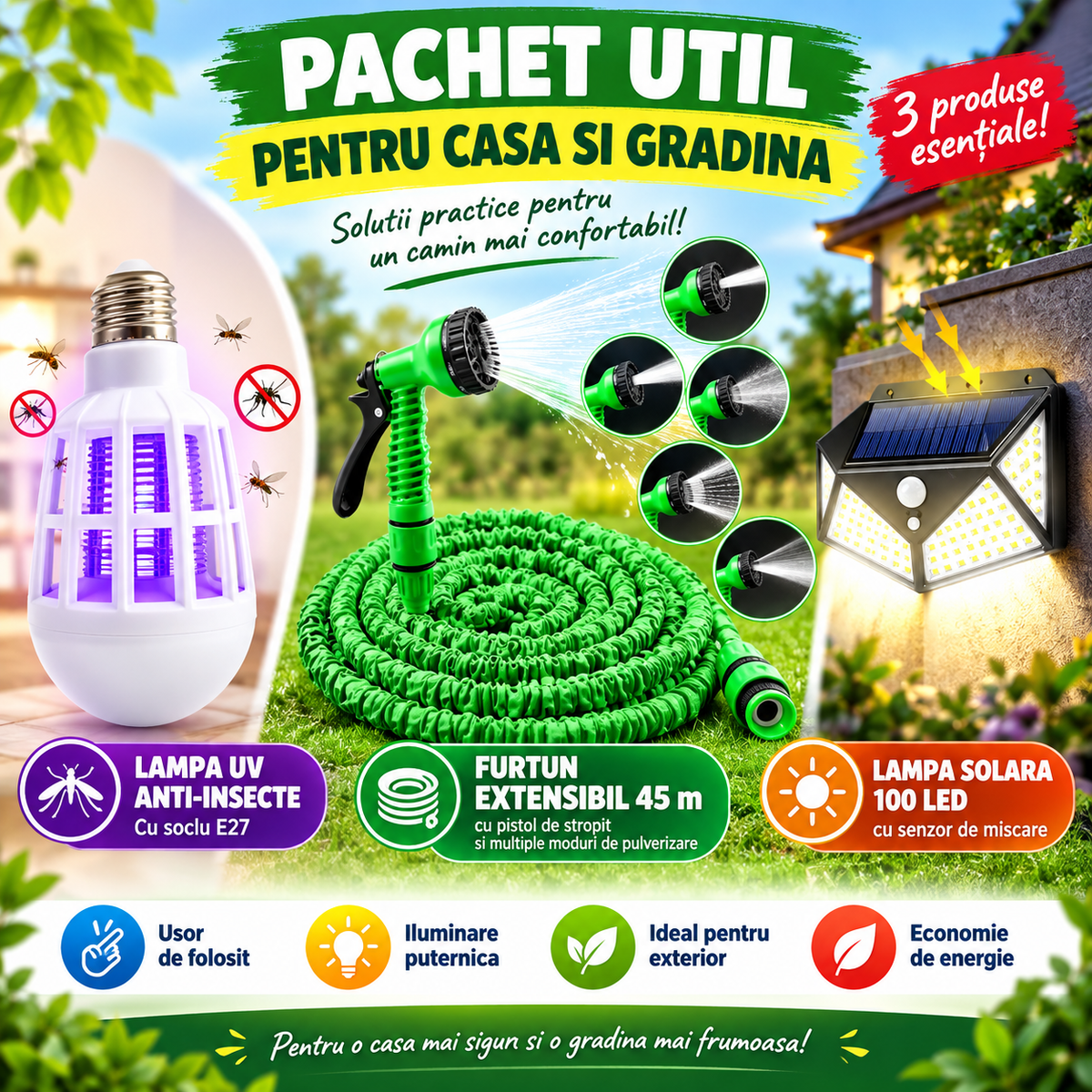 PACHET Furtun de gradina elastic, 45m extensibil + Lampa UV anti insecte + Lampa Solara 100 Led cu Senzor de miscare