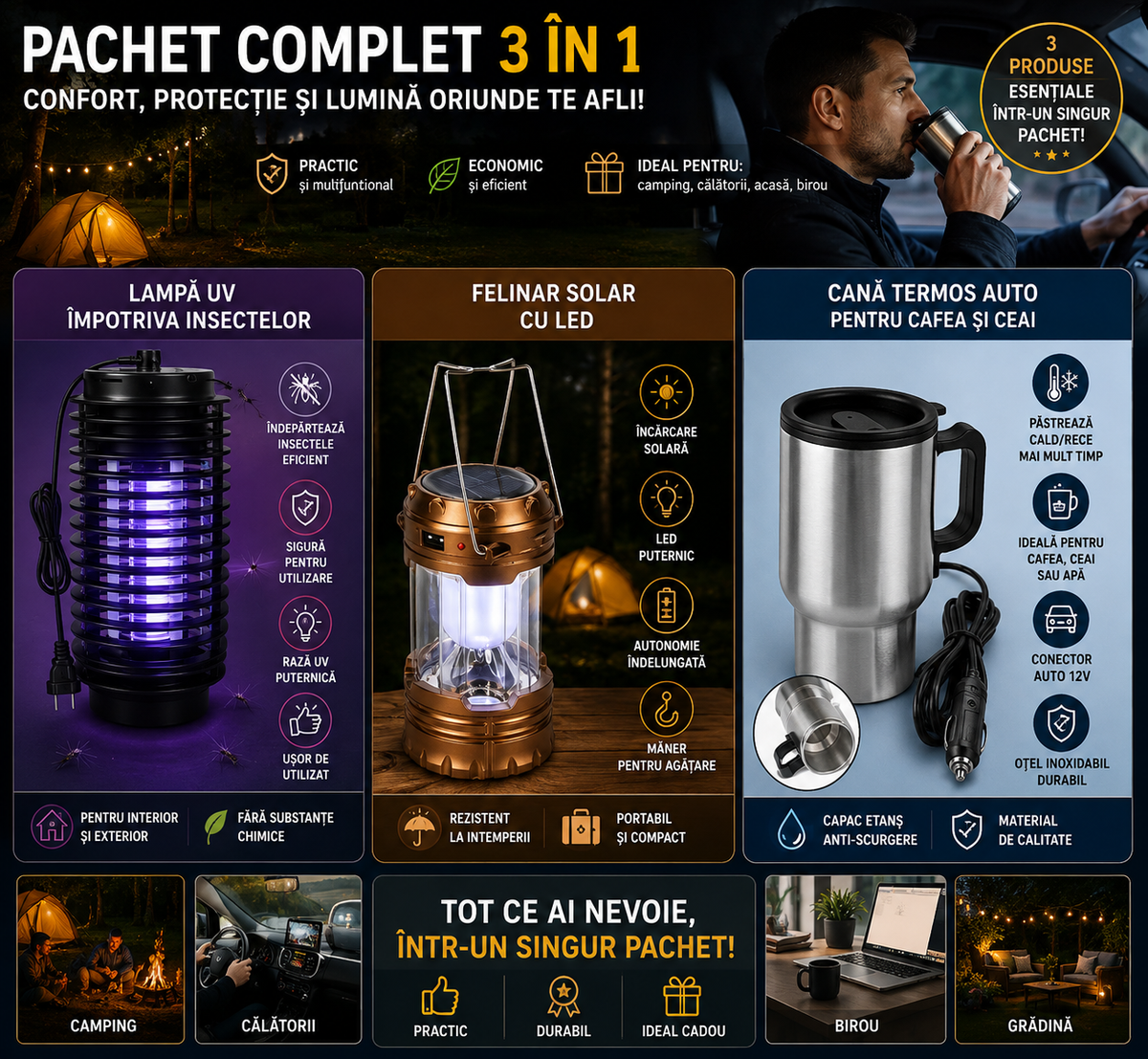 PACHET Lampa UV impotriva insectelor + Felinar solar cu led ideal pentru camping + Cana termos auto pentru cafea si ceai