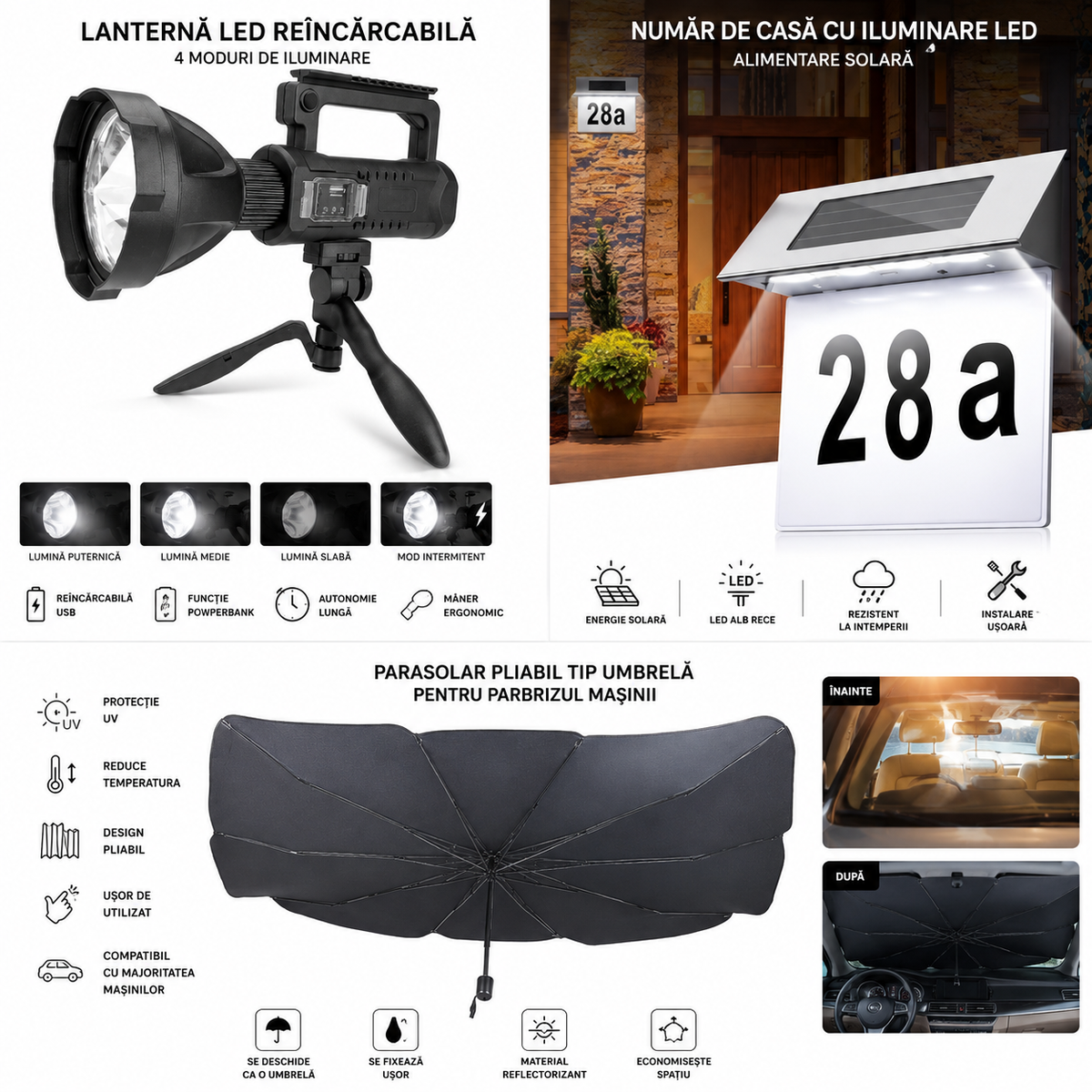PACHET Lanterna LED, reincarcabila, functie Powerbank, 4 moduri iluminare + Numar de casa cu iluminare LED si alimentare solara + Parasolar pliabil tip umbrela pentru parbrizul masinii