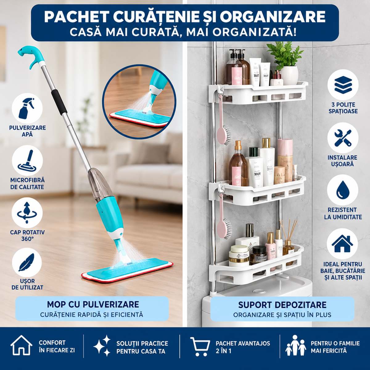 PACHET Mop microfibra cu pulverizare apa + Suport depozitare multifunctional pentru baie, cu 3 polite