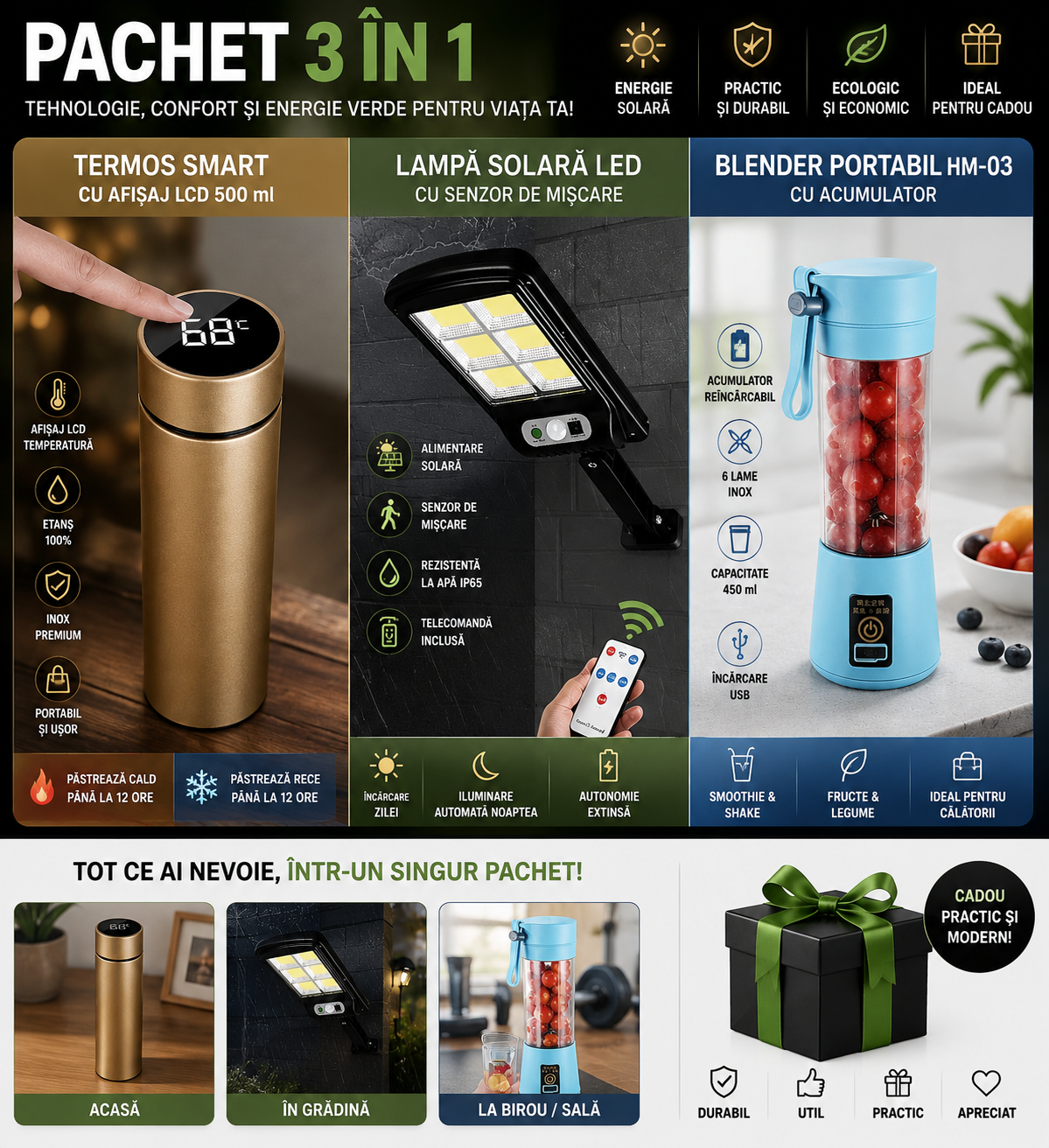 PACHET Termos smart cu afisaj LCD, 0,5 litri + Lampa solara LED cu senzor de miscare + Blender portabil HM 03, acumulator