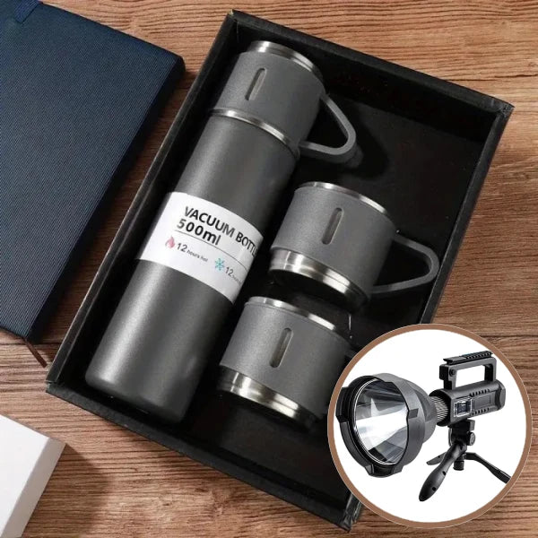 PACHET Lanterna LED, reincarcabila, functie Powerbank, 4 moduri iluminare + Set Termos cu 2 cani extra, perete dublu vacuum izolator