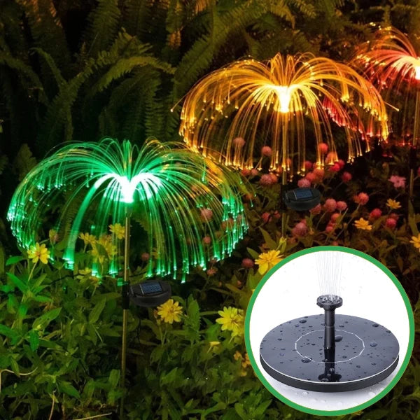 PACHET Fantana solara arteziana plutitoare + Set 2 x Lampa solara tip Palmier RGB