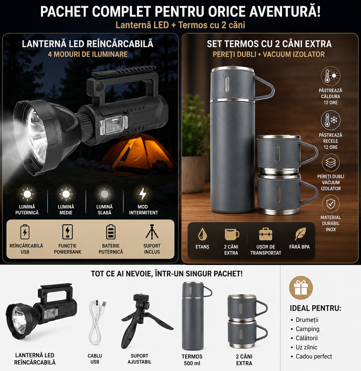 PACHET Lanterna LED, reincarcabila, functie Powerbank, 4 moduri iluminare + Set Termos cu 2 cani extra, perete dublu vacuum izolator