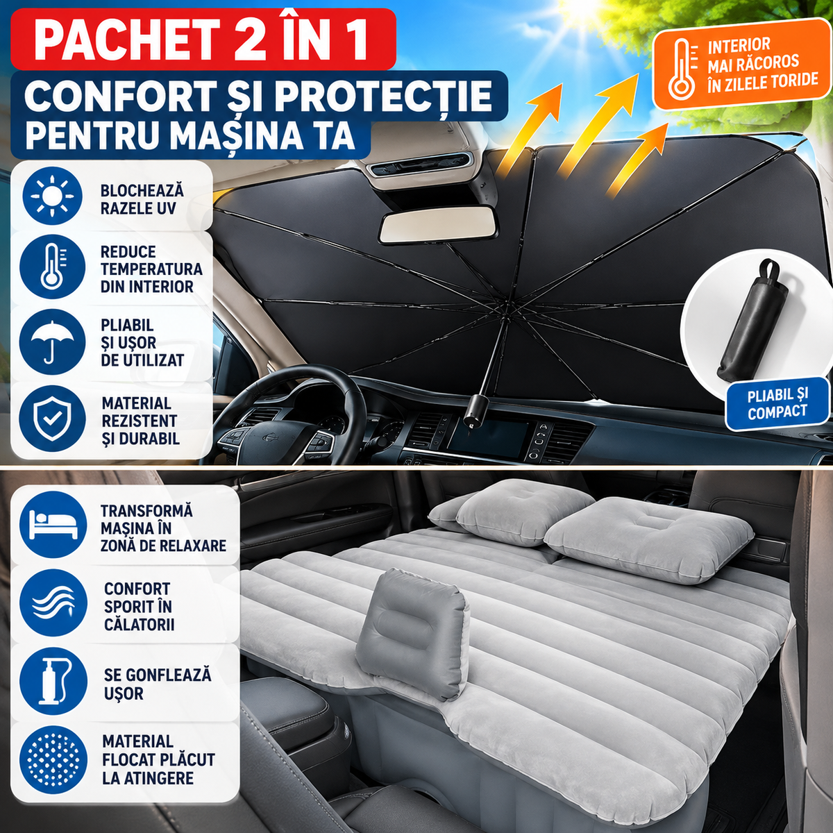 Pachet Saltea gonflabila pentru masina + Parasolar pliabil tip umbrela pentru parbrizul masinii