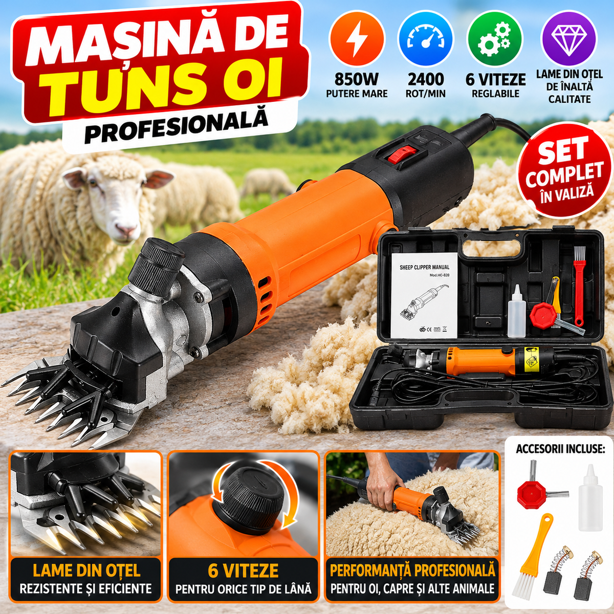 Masina de tuns oi profesionala 850W cu 2400r/min si 6 viteze