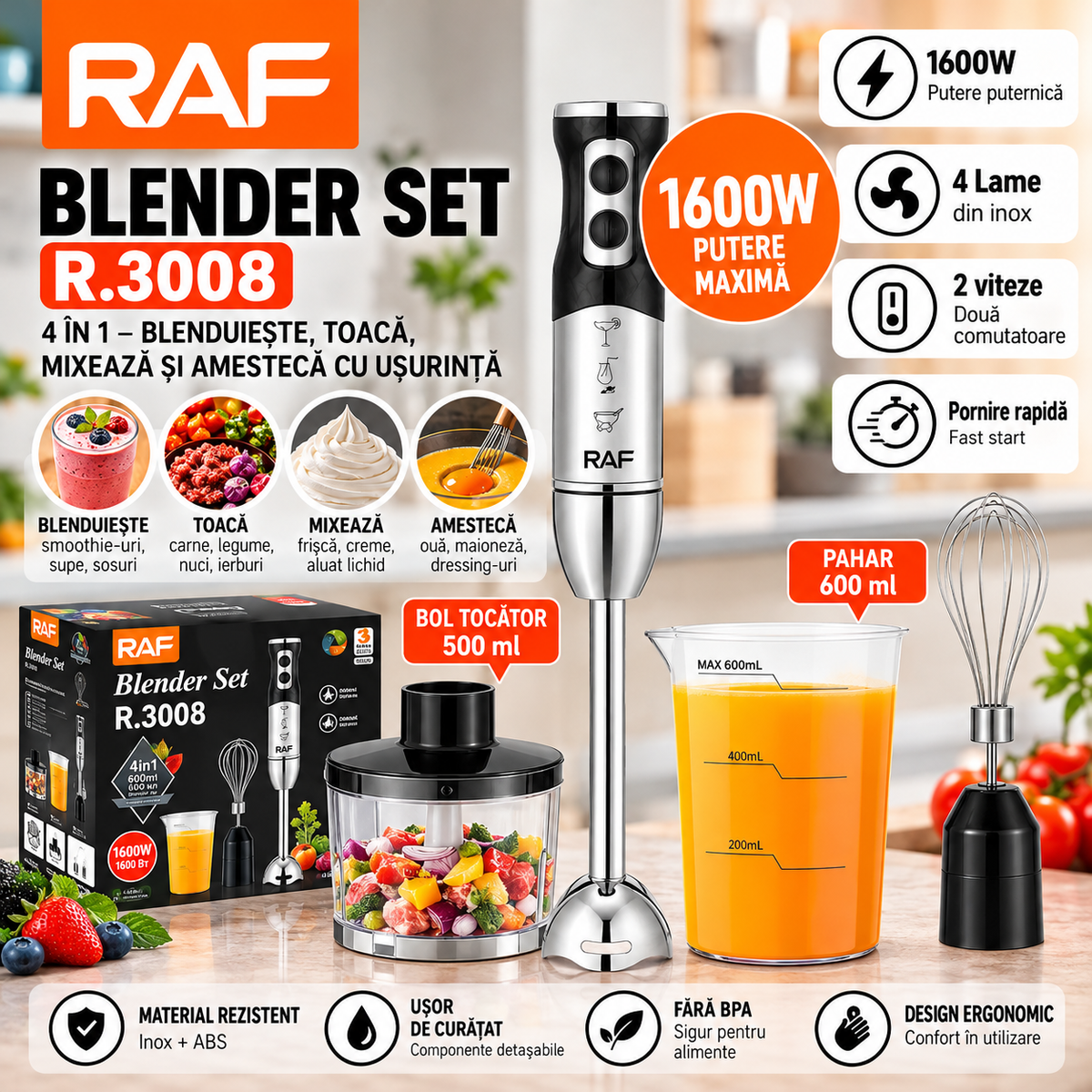 Blender vertical RAF R3008, 1600W, 4 lame din otel, cu recipient de 500ml, de 600ml si tel, negru-argintiu