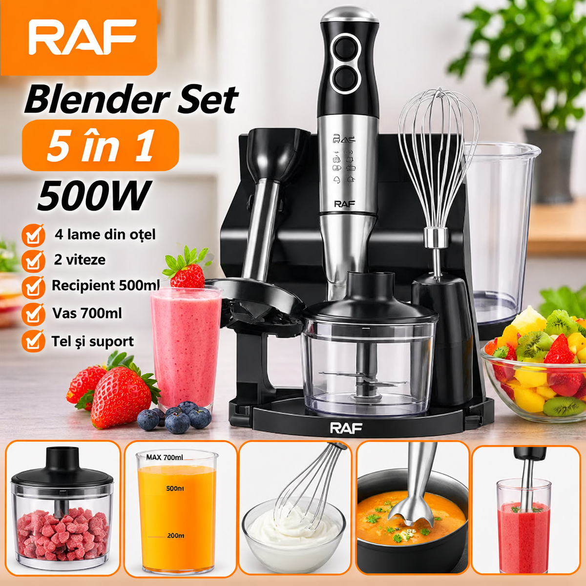 Blender RAF R3004, 5 in 1, 500W, recipient de 500ml, 700ml, tel si suport, 2 viteze, 4 lame din otel, 40 cm, negru-argintiu