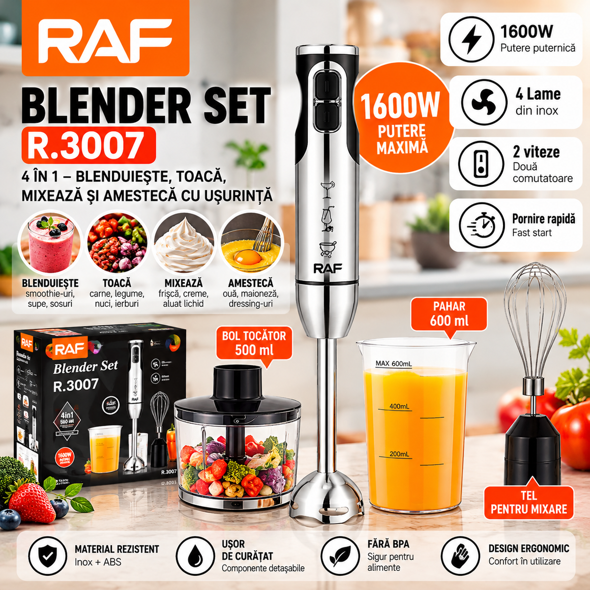 Blender RAF R3007, 4 in 1, 1600W, cu recipient de 500ml, vas de 600ml, tel si lame din otel, 2 viteze, argintiu-negru