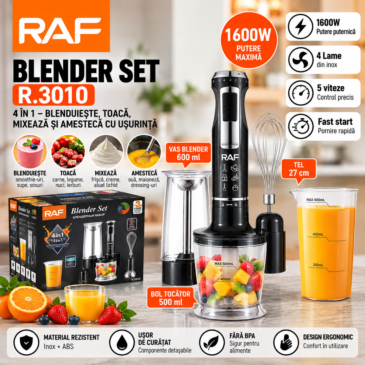 Blender RAF R3010, 4 in 1, 1600W, cu recipient de 500ml, de 600 ml si tel, lame din otel, 41 cm, negru-argintiu