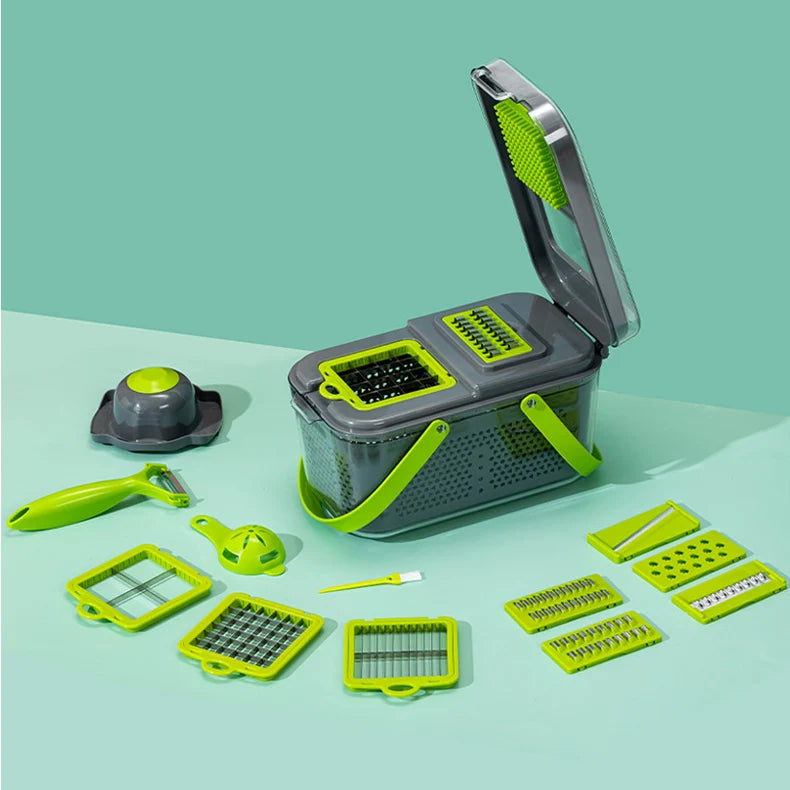 PACHET Razatoare multifunctionala pentru legume, cu 22 de accesorii + Organizator pentru cosmetice, cu sertare, incapator