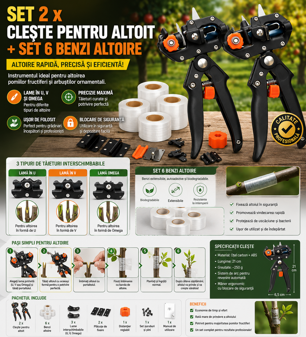 Set 2 x Cleste pentru altoit + Set 6 benzi altoire