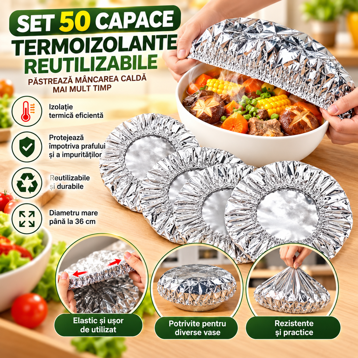 Set 50 Capace Termoizolante Reutilizabile, 36 cm, Aluminiu Alimentar, cu Elastic