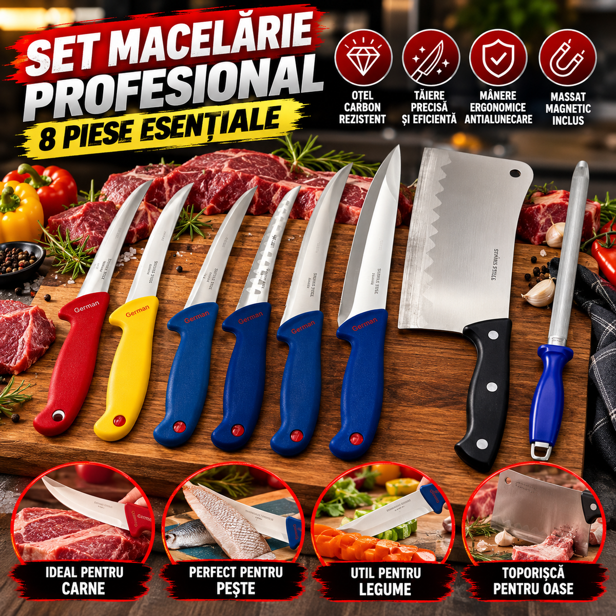 Set macelarie profesional format din 8 piese, 6 cutite, 1 masat magnetic, 1 toporisca otel carbon